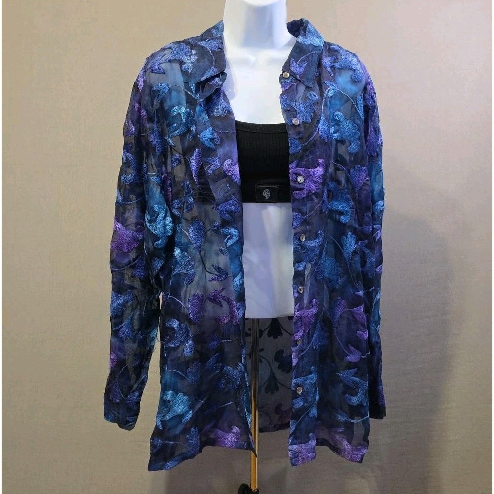 Chico's Design Size 3 XL 100% Silk Sheer Embroidered Floral Blouse Blue Purple